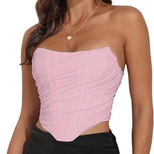 Modegal Vintage Strapless Bustier Zip Back Corset in Mesh Pink, Size 6-8